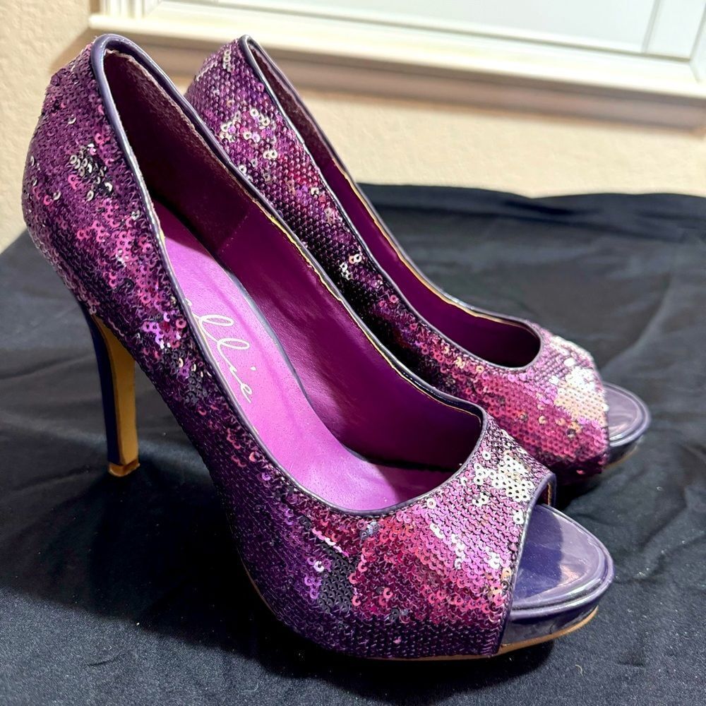 Ellie Purple Sequin Peep-Toe Heels - Size 7 - Picture 2 of 11